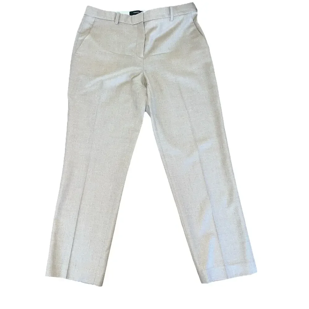 Theory Women’s Tailor Trouser C Sleek Flannel Beige Wool Dress Crop Pants Sz 6 - Picture 1 of 7